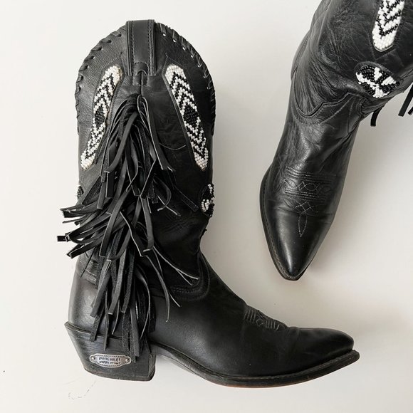 Code West Shoes - Vintage Black Fringe Cowboy Cowgirl Boots Beaded Rodeo Western Biker Size 7